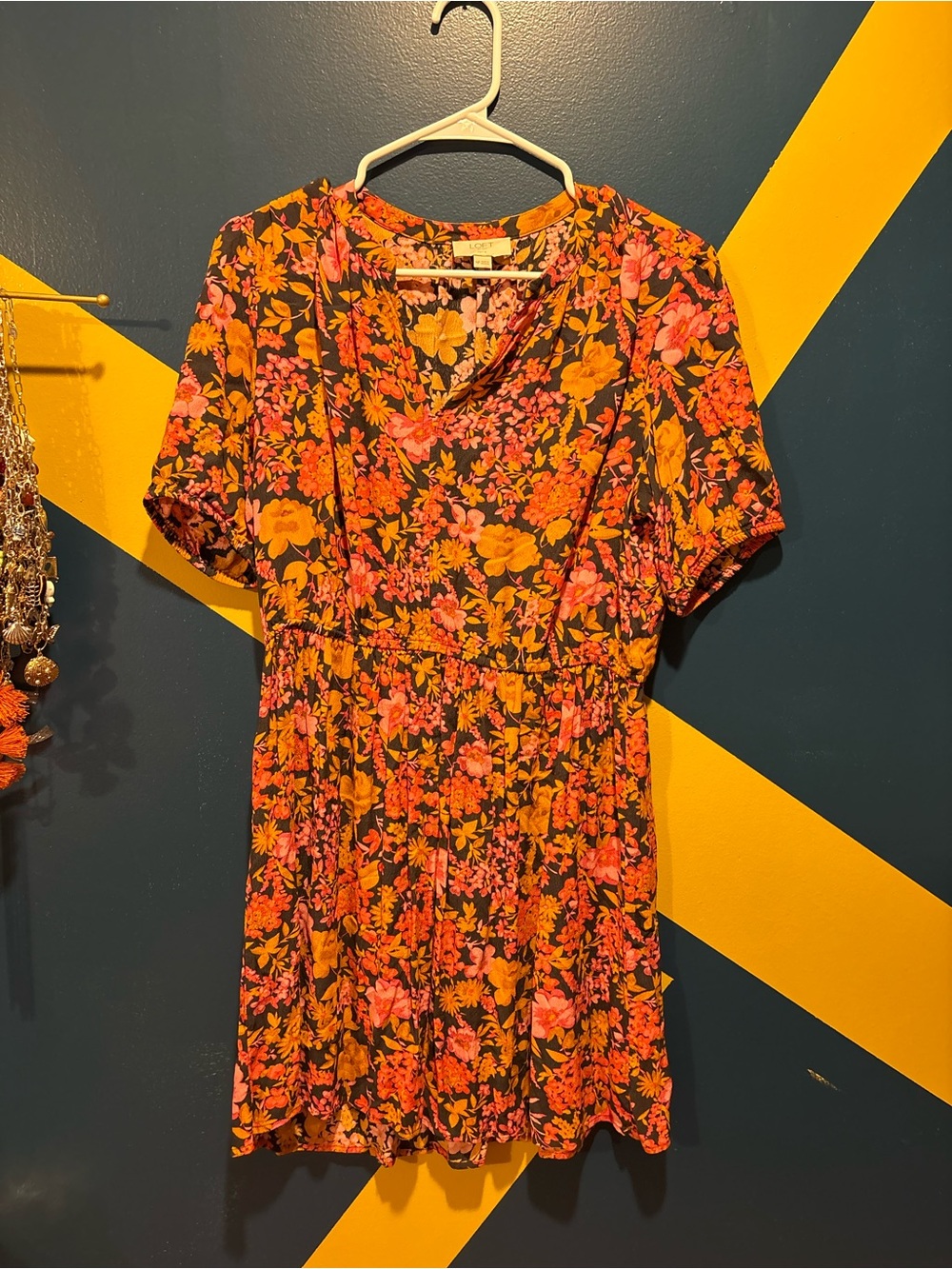 Loft Black, Orange & Pink Floral Short Sleeve Mini Dress EUC